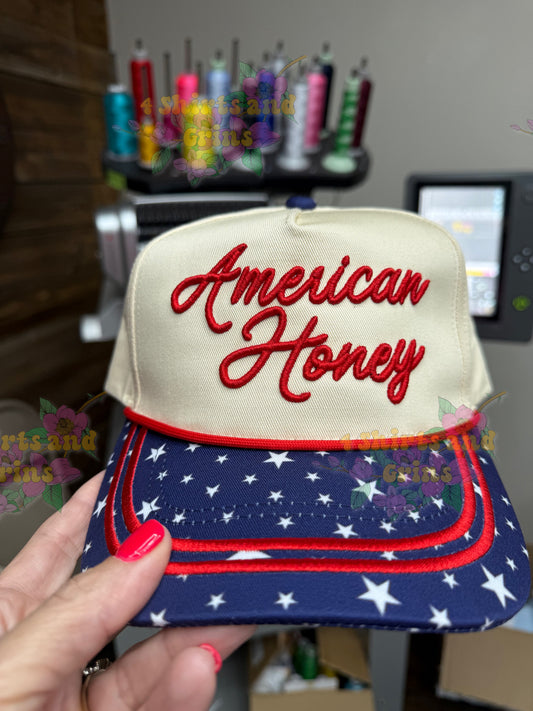 American Honey Patriotic Trucker Hat | Custom Embroidered Hat | Retro USA Hat | 4th of July Hat | Patriotic Baseball Cap