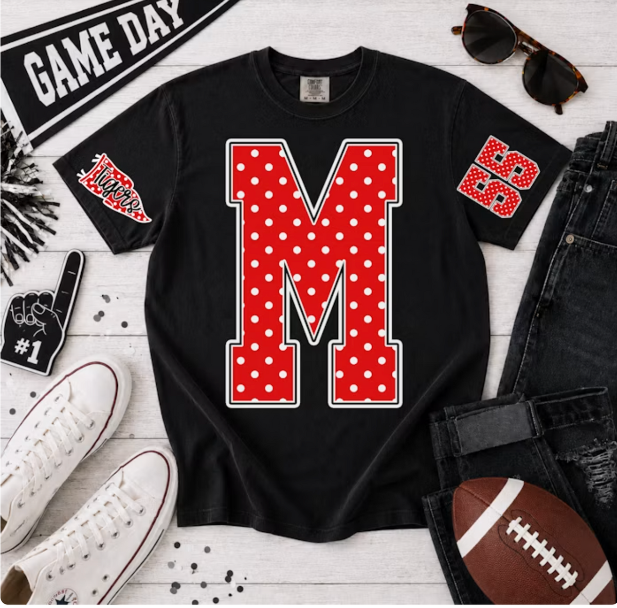Custom Polka Dot Varsity Spirit Shirt | Personalized Letter, Mascot & Number