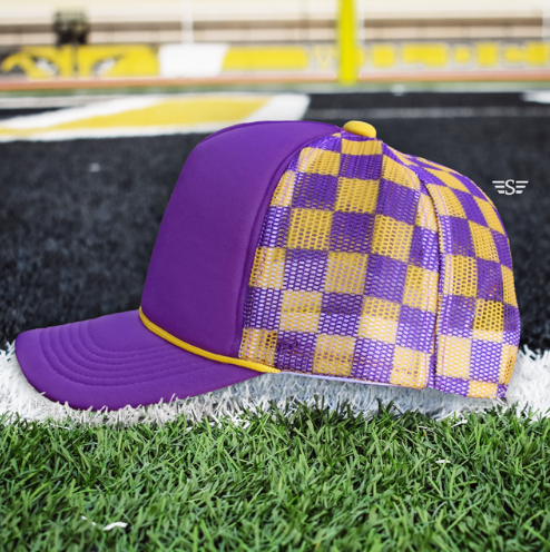 Custom Upside Down or Right Side Up Puff Trucker Hat | Checkered Mesh Back | 5-Panel High Crown Cap