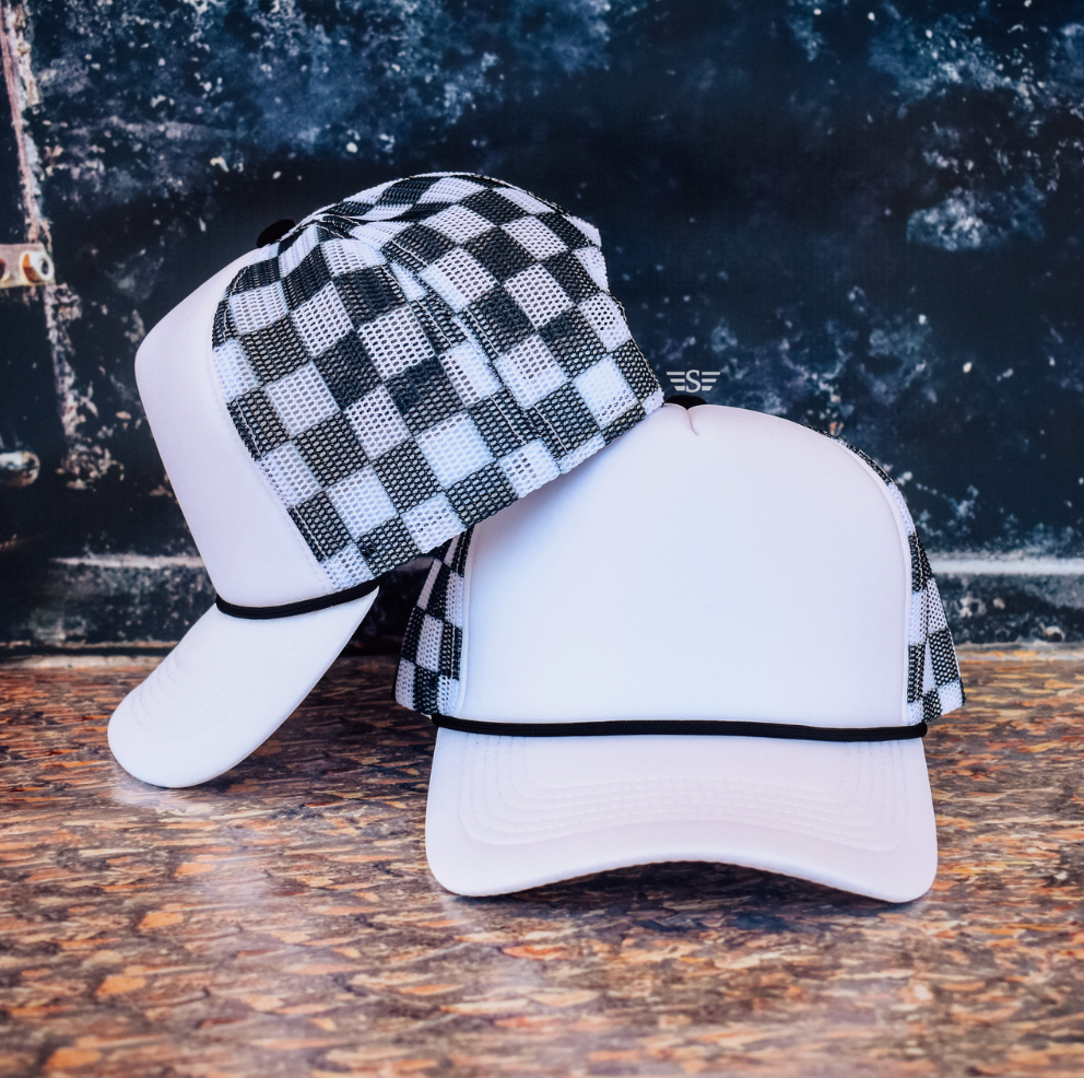 Custom Upside Down or Right Side Up Puff Trucker Hat | Checkered Mesh Back | 5-Panel High Crown Cap