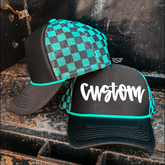 Custom Checker Magna-Pony Hat | Puff or Metallic Puff | Choose Your Wording & Color | High Ponytail Trucker Cap