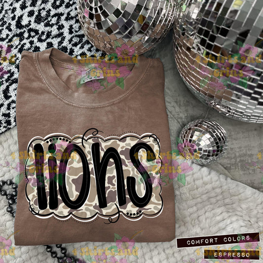 Lions Camo Mascot Tee | Comfort Colors® Spirit Shirt | Youth & Adult Sizes | Message for Other Mascots