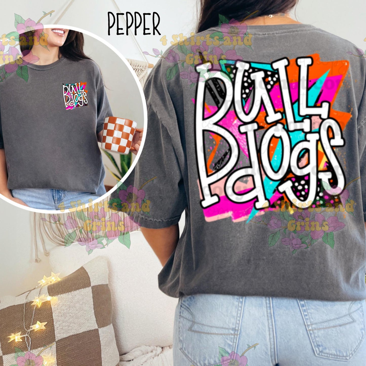 Bulldogs Spirit Shirt – Colorful Graffiti Back Print + Pocket Logo | Comfort Colors® + Gildan Options | Unisex Fit