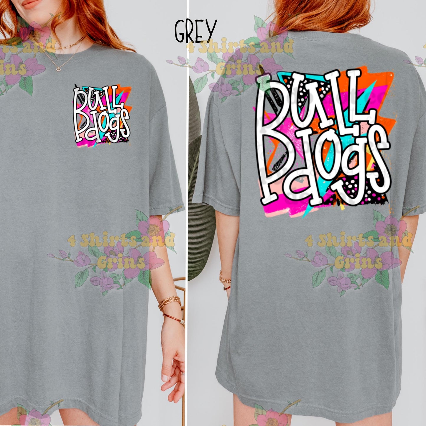 Bulldogs Spirit Shirt – Colorful Graffiti Back Print + Pocket Logo | Comfort Colors® + Gildan Options | Unisex Fit