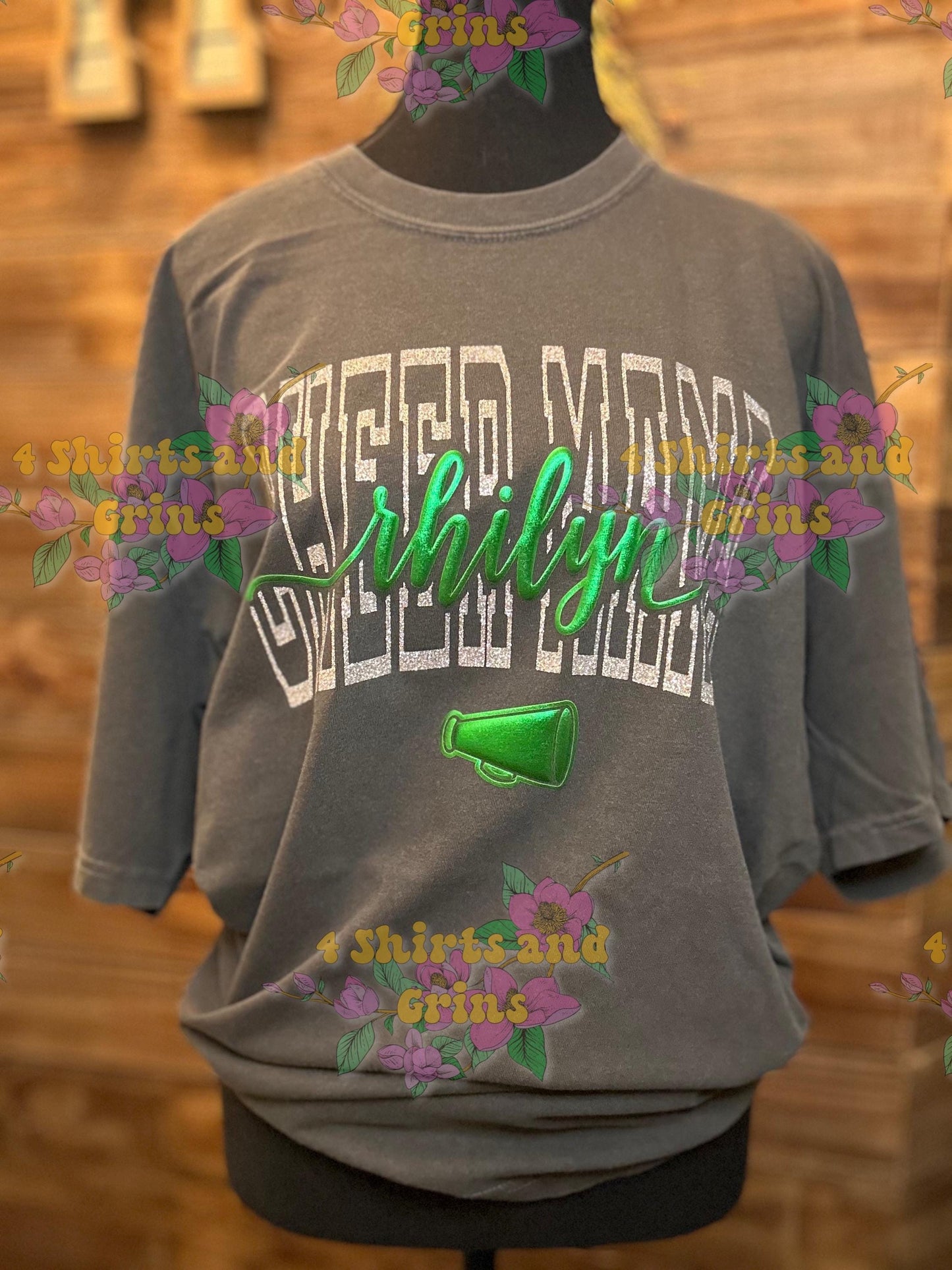 Custom Cheer Mama Shirt – Glitter & Metallic Personalized Name – Megaphone Option – Comfort Colors Tee