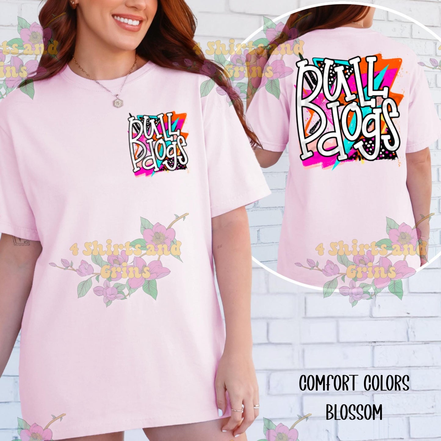 Bulldogs Spirit Shirt – Colorful Graffiti Back Print + Pocket Logo | Comfort Colors® + Gildan Options | Unisex Fit