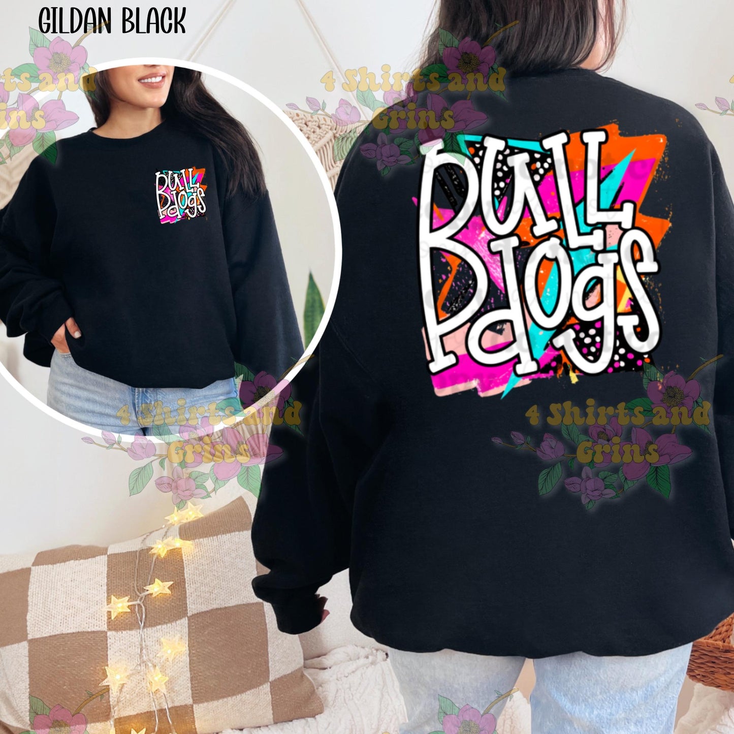 Bulldogs Spirit Shirt – Colorful Graffiti Back Print + Pocket Logo | Comfort Colors® + Gildan Options | Unisex Fit