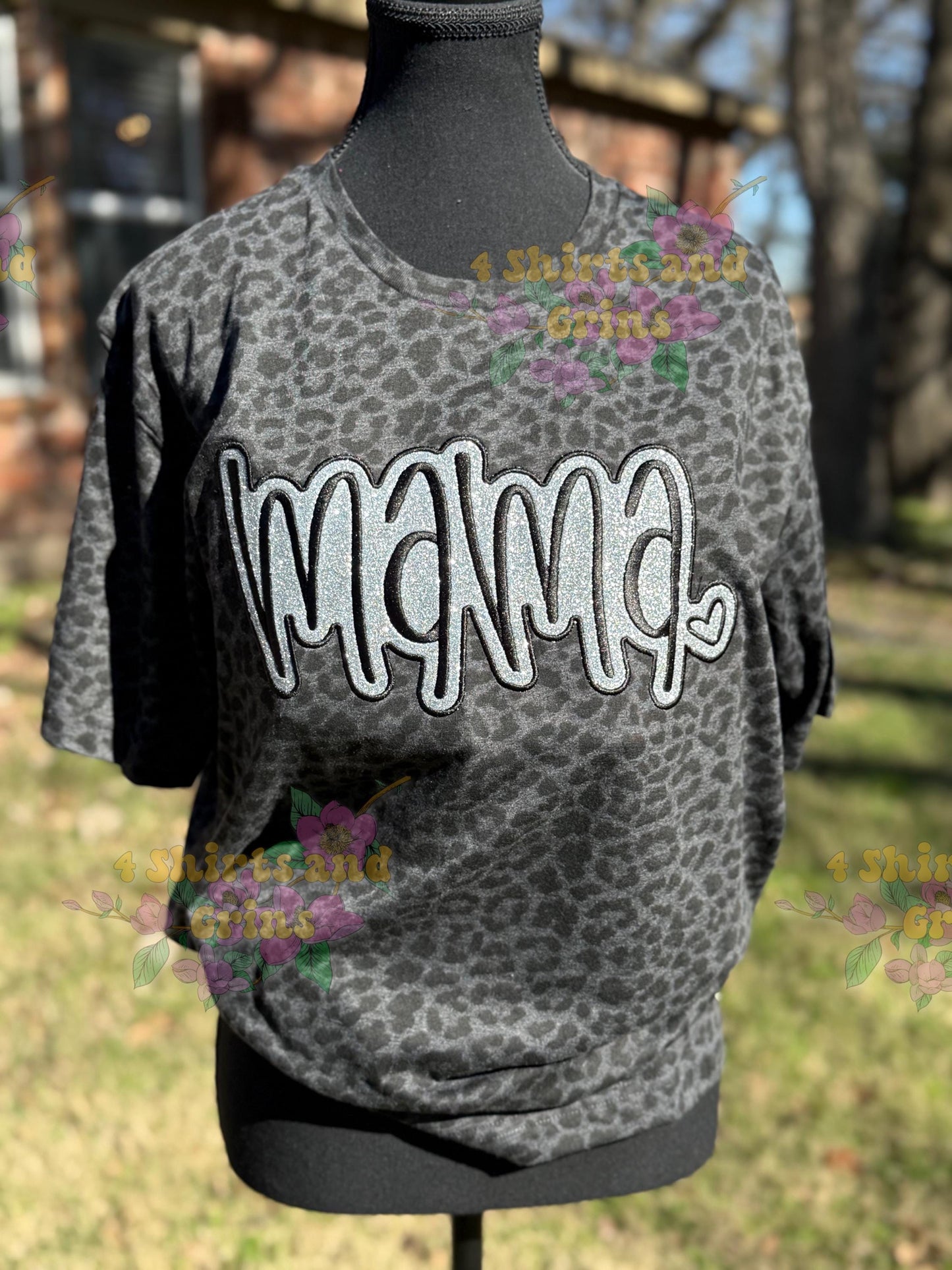 Glitter Mama Embroidered Black Leopard Tee