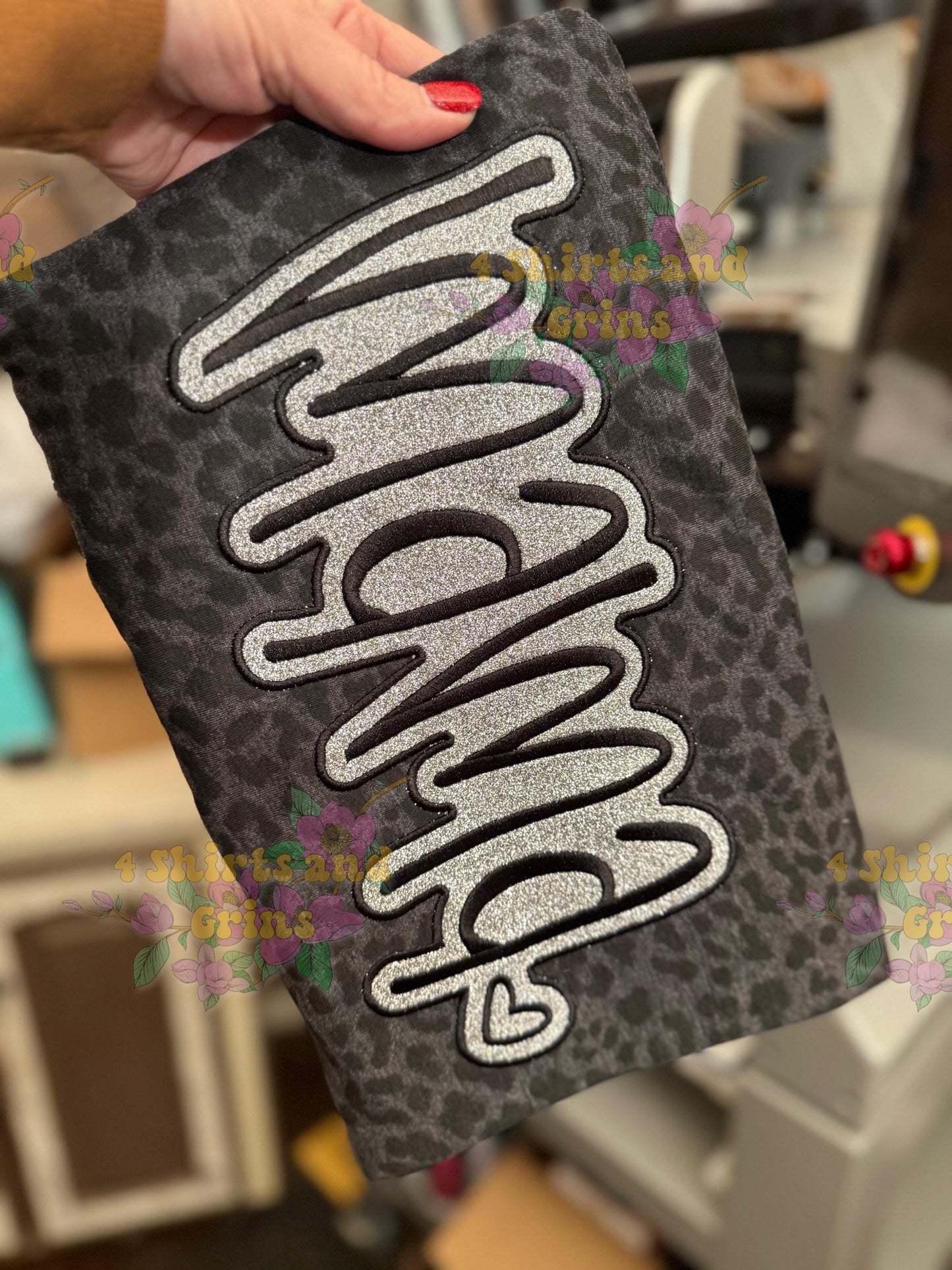 Glitter Mama Embroidered Black Leopard Tee