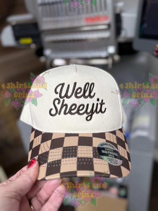 Well Sheeyit Embroidered Hat | Magna Pony™ Ponytail Cap | Canvas Front Checkered Bill Hat | Funny Southern Hat | Women’s Ball Cap