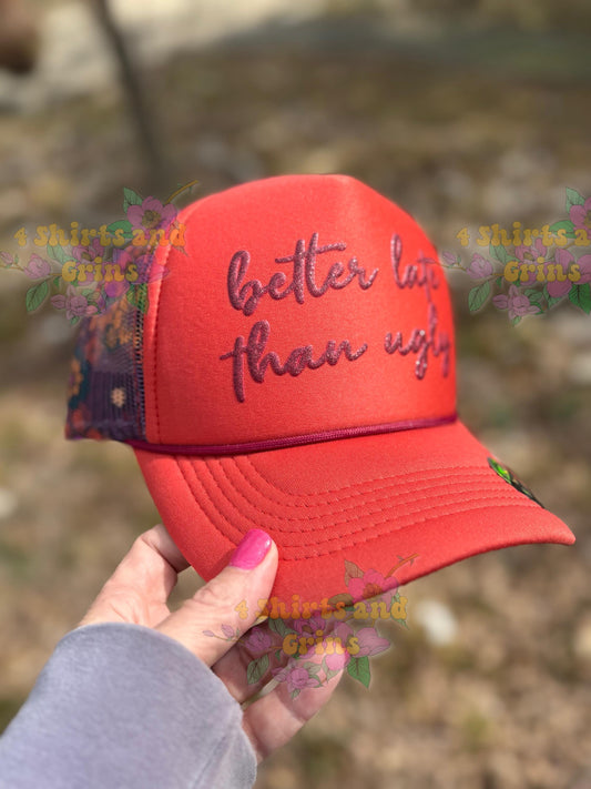 Amen Rusty Orange Floral Mesh Hat with Wine Glitter Puff Vinyl