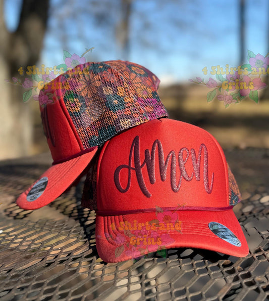 Amen Rusty Orange Floral Mesh Hat with Wine Glitter Puff Vinyl