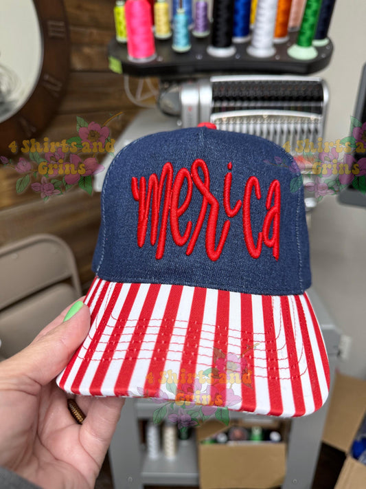 America Trucker Hat 3D Puff Embroidery, Patriotic Hat, Ponytail Hat, Fourth of July Cap, Custom USA Hat
