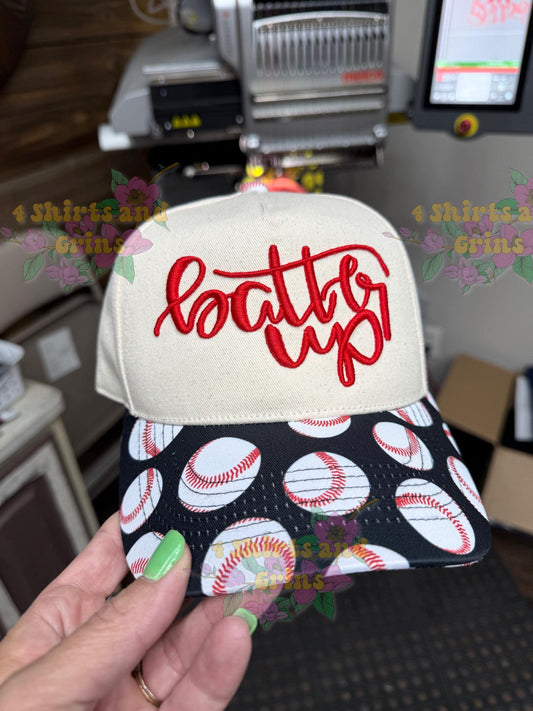 3D Puff “Batter Up” Ponytail Hat – Softball or Baseball Print Brim | Magna Pony Adjustable Cap