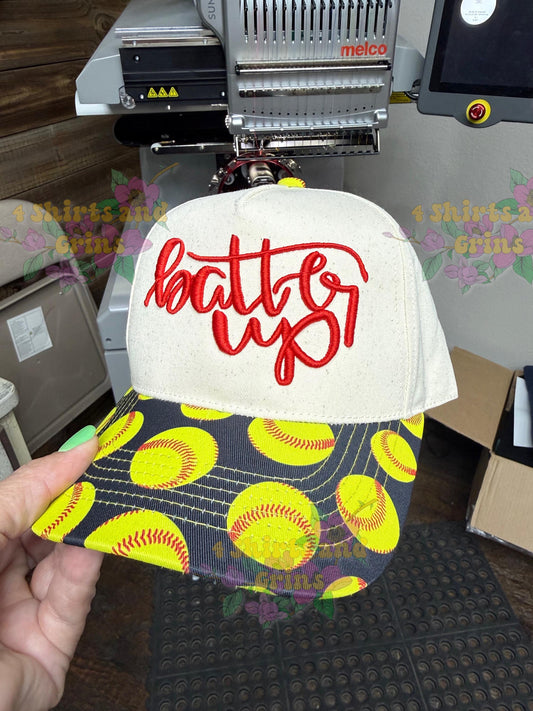 3D Puff โBatter Upโ Ponytail Hat โ Softball or Baseball Print Brim | Magna Pony Adjustable Cap