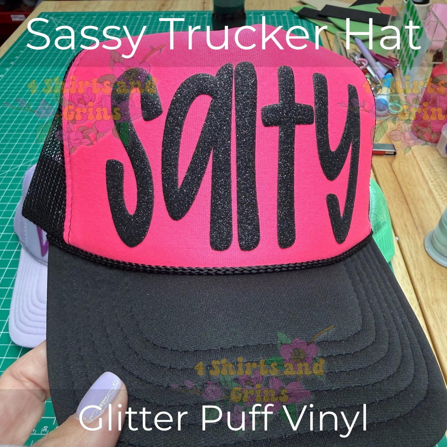 Glitter Puff Trucker Hat, Sassy Hat, Custom Saying Hat, High Crown Mesh Hat, Funny Trucker Hat, Personalized Hat