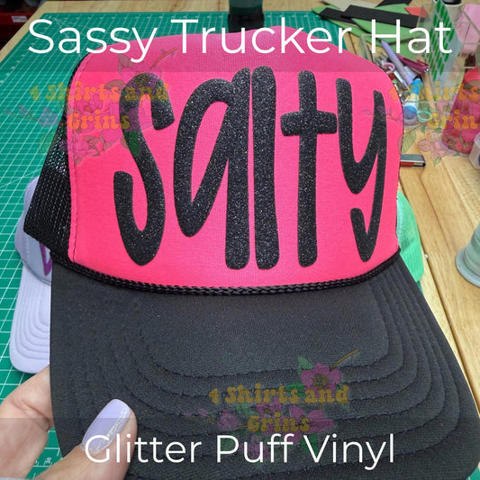 Glitter Puff Trucker Hat, Sassy Hat, Custom Saying Hat, High Crown Mesh Hat, Funny Trucker Hat, Personalized Hat