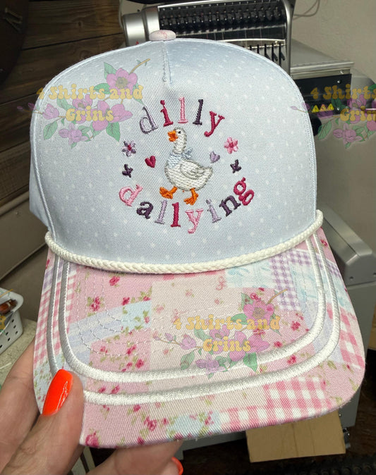 Dilly Dallying Embroidered Goose Hat | Coquette Trucker Hat | Floral Patchwork Cap | Cute Goose Hat | Cottagecore Baseball Hat