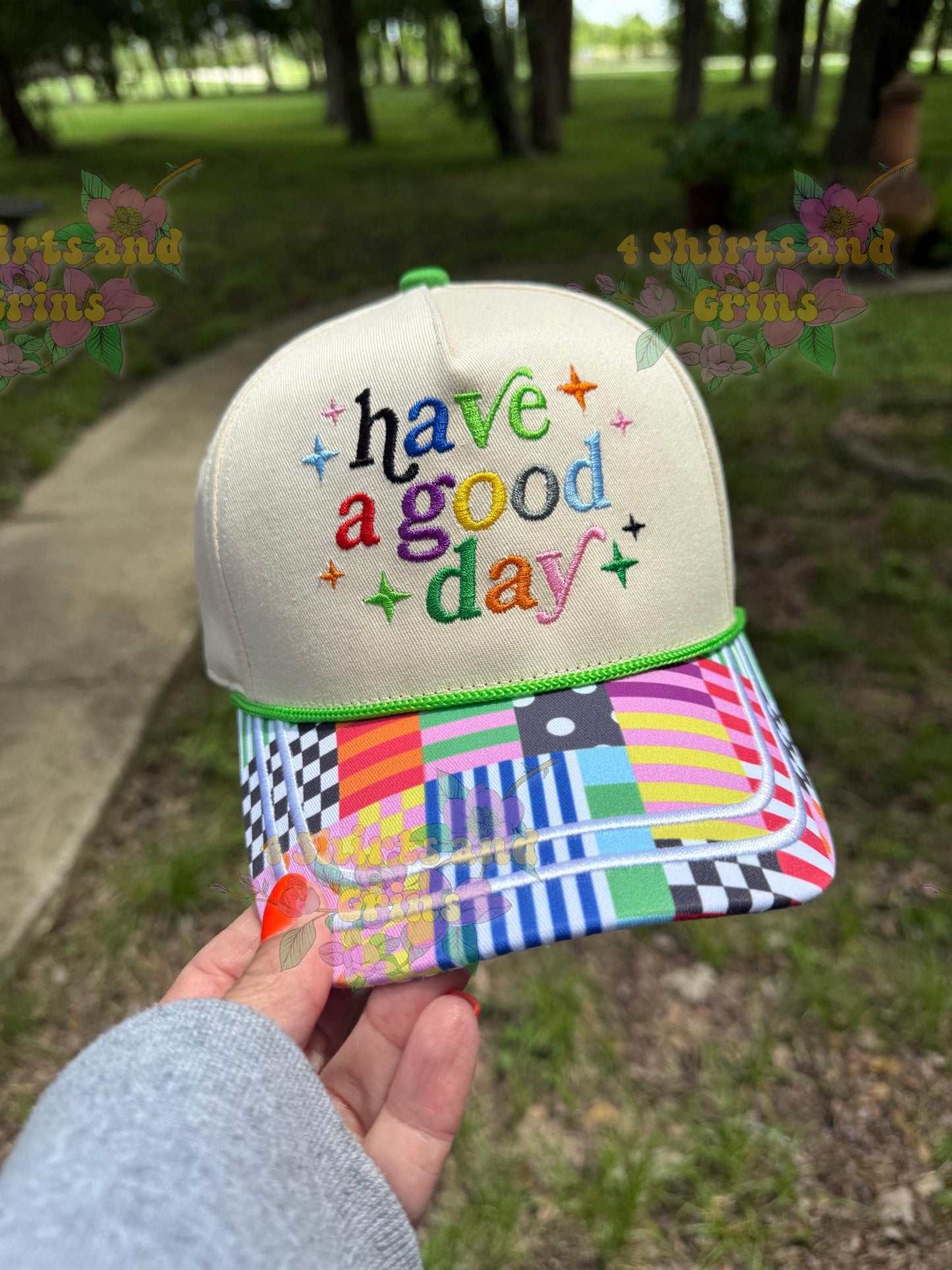 Have a Good Day Embroidered Trucker Hat | Colorful Patchwork Bill Hat | Retro Embroidered Cap | Positive Vibes Hat | Boutique Baseball Cap