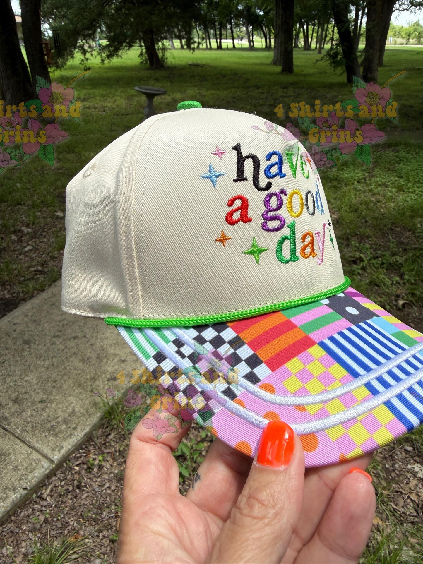 Have a Good Day Embroidered Trucker Hat | Colorful Patchwork Bill Hat | Retro Embroidered Cap | Positive Vibes Hat | Boutique Baseball Cap