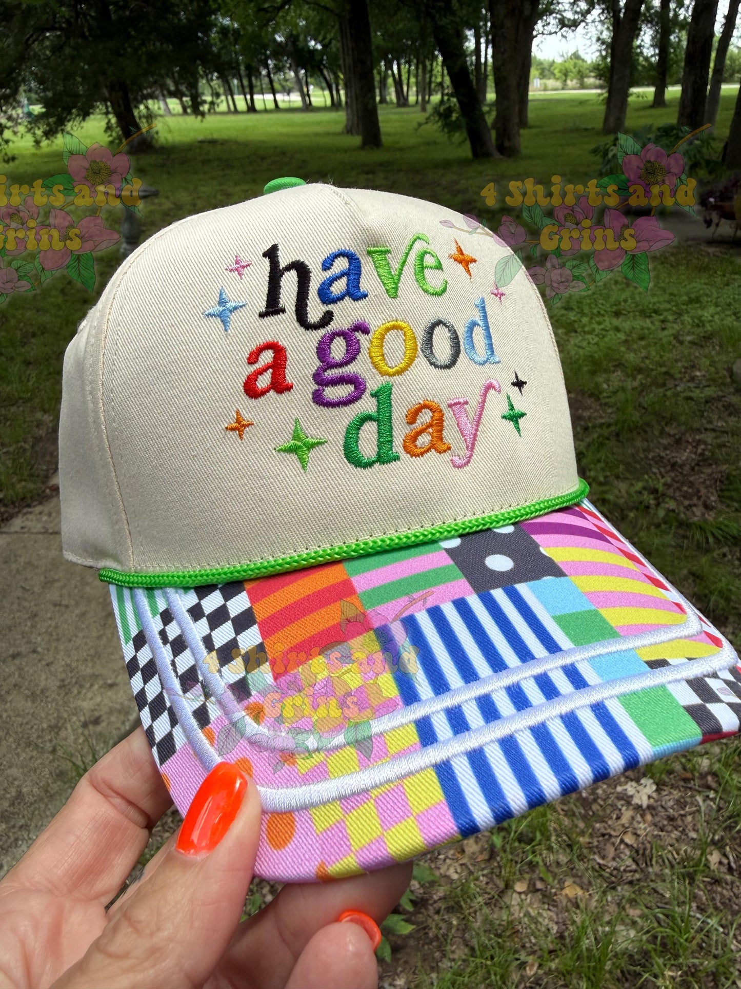 Have a Good Day Embroidered Trucker Hat | Colorful Patchwork Bill Hat | Retro Embroidered Cap | Positive Vibes Hat | Boutique Baseball Cap