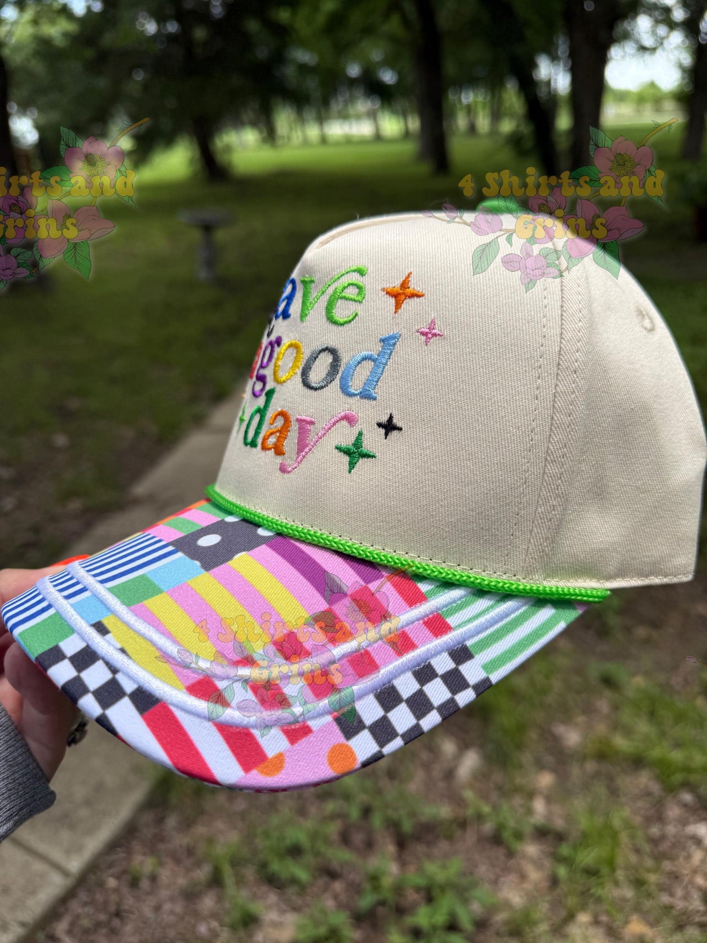Have a Good Day Embroidered Trucker Hat | Colorful Patchwork Bill Hat | Retro Embroidered Cap | Positive Vibes Hat | Boutique Baseball Cap