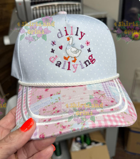 Dilly Dallying Embroidered Goose Hat | Coquette Trucker Hat | Floral Patchwork Cap | Cute Goose Hat | Cottagecore Baseball Hat
