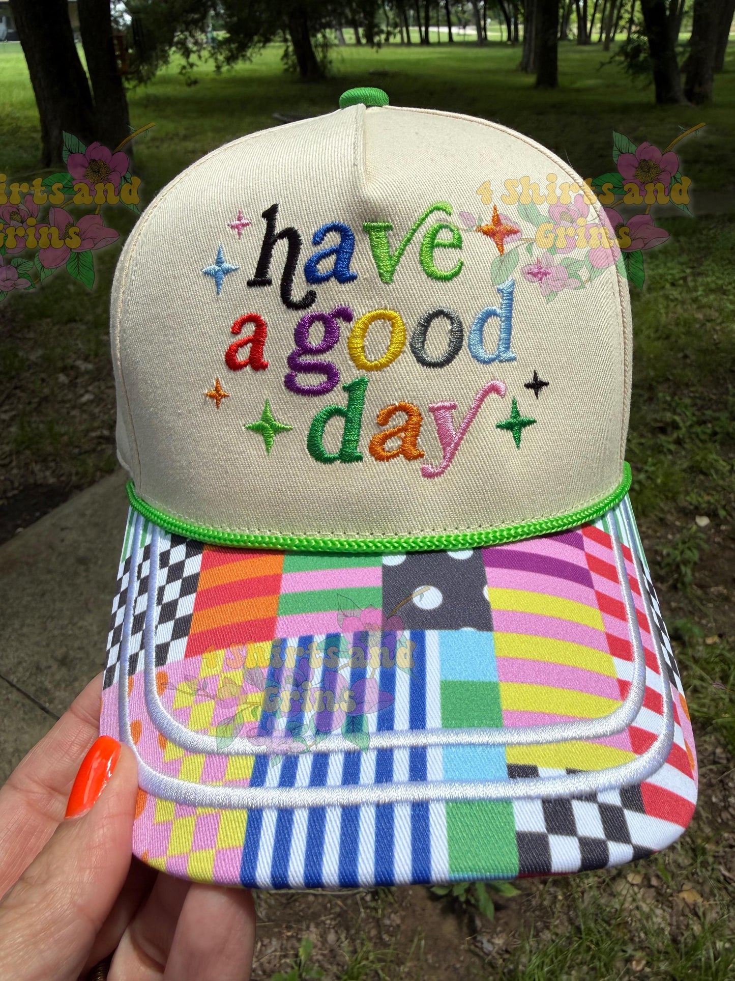 Have a Good Day Embroidered Trucker Hat | Colorful Patchwork Bill Hat | Retro Embroidered Cap | Positive Vibes Hat | Boutique Baseball Cap