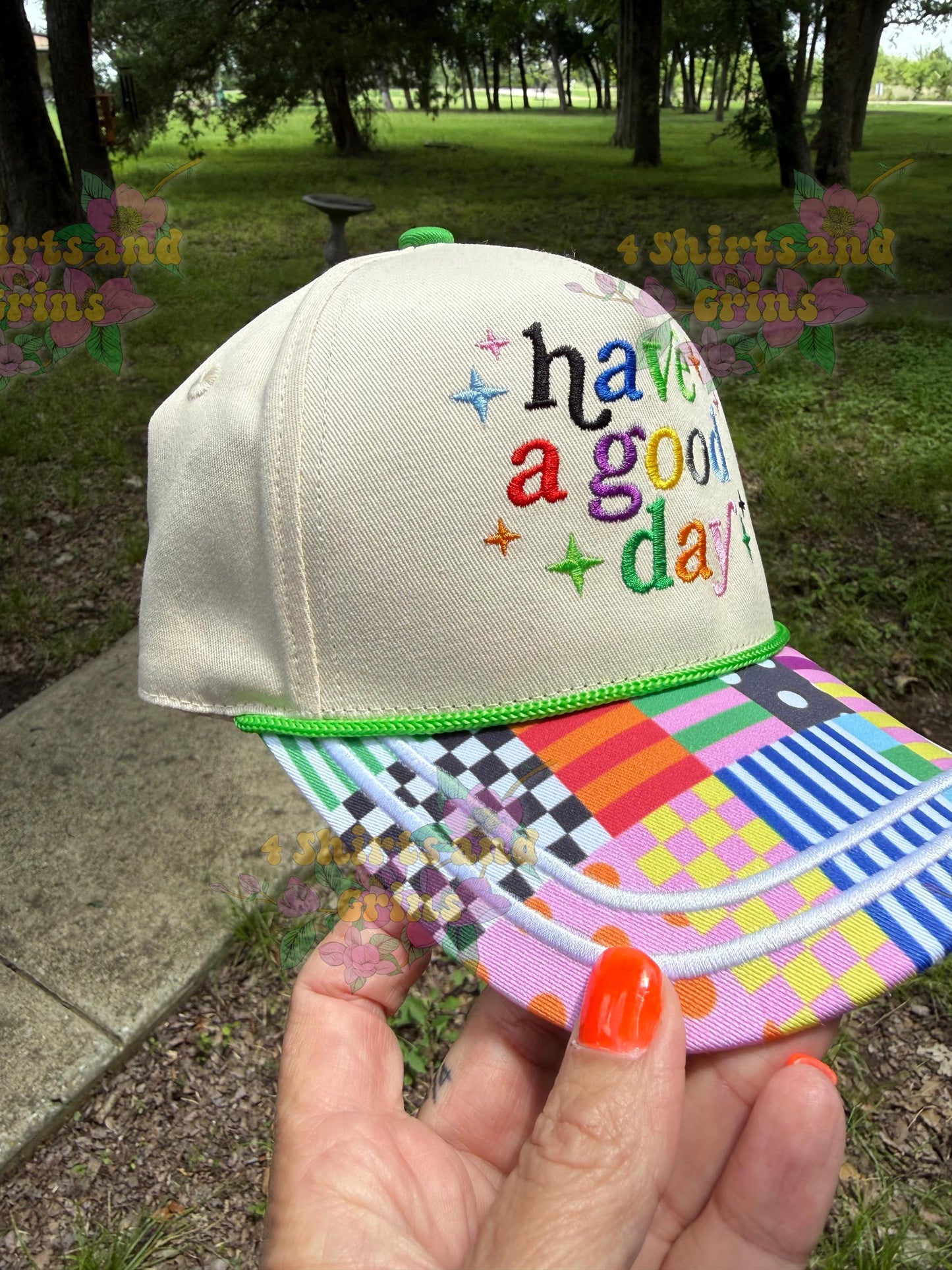Have a Good Day Embroidered Trucker Hat | Colorful Patchwork Bill Hat | Retro Embroidered Cap | Positive Vibes Hat | Boutique Baseball Cap