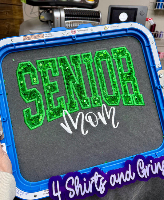Senior Mom Sequin Embroidered Sweatshirt | Custom School Color Mom Shirt | Sequin Applique Senior Mom Tee | Senior Year Sweatshirt