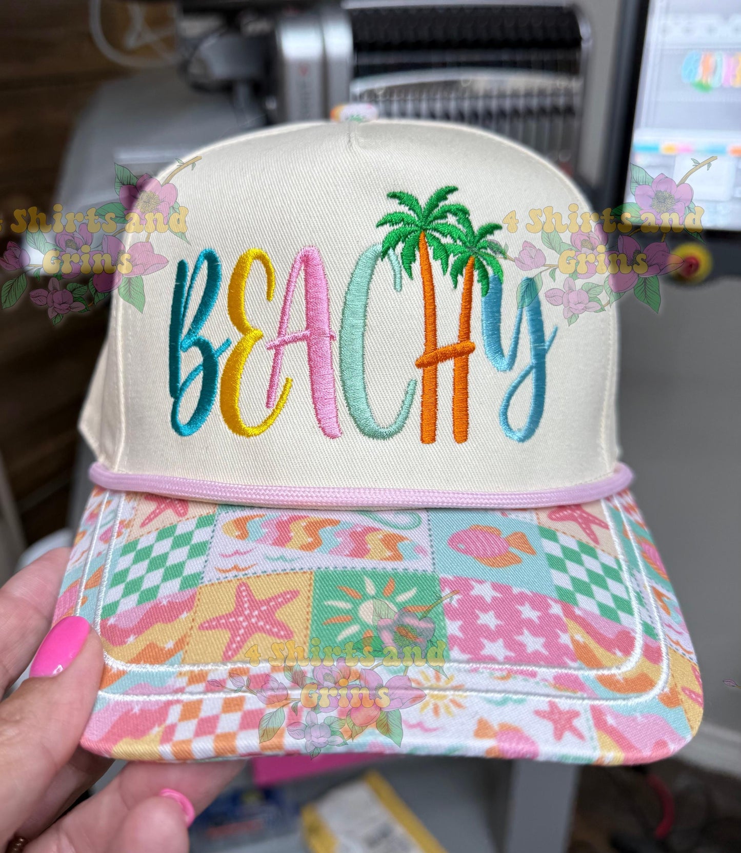 Beachy Embroidered Trucker Hat | Summer Snapback Hat | Tropical Palm Tree Cap | Beach Vacation Hat | Cute Beach Gift for Women