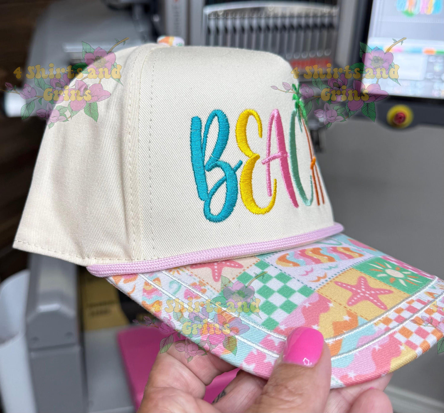 Beachy Embroidered Trucker Hat | Summer Snapback Hat | Tropical Palm Tree Cap | Beach Vacation Hat | Cute Beach Gift for Women
