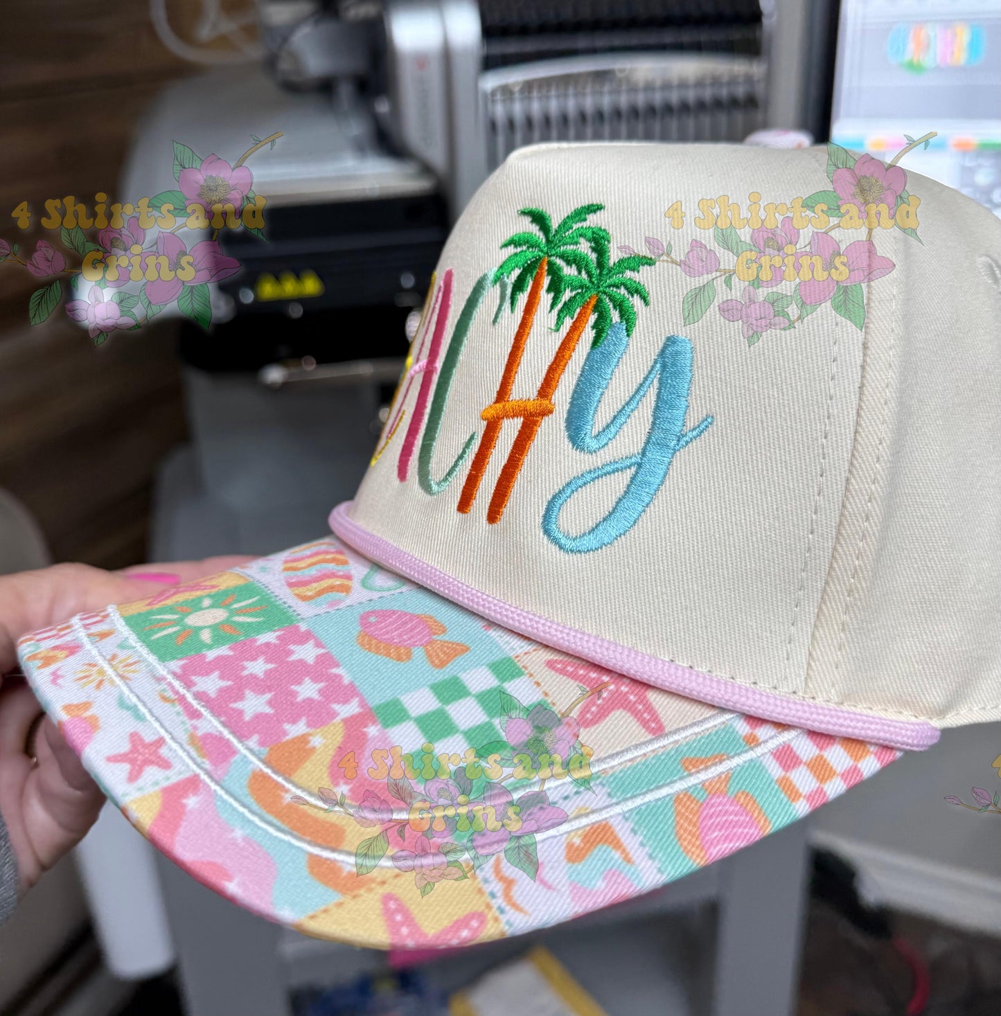Beachy Embroidered Trucker Hat | Summer Snapback Hat | Tropical Palm Tree Cap | Beach Vacation Hat | Cute Beach Gift for Women