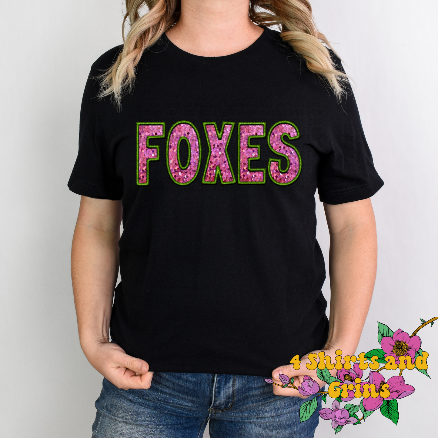 Faux Embroidery Sequins Pink and Green Foxes