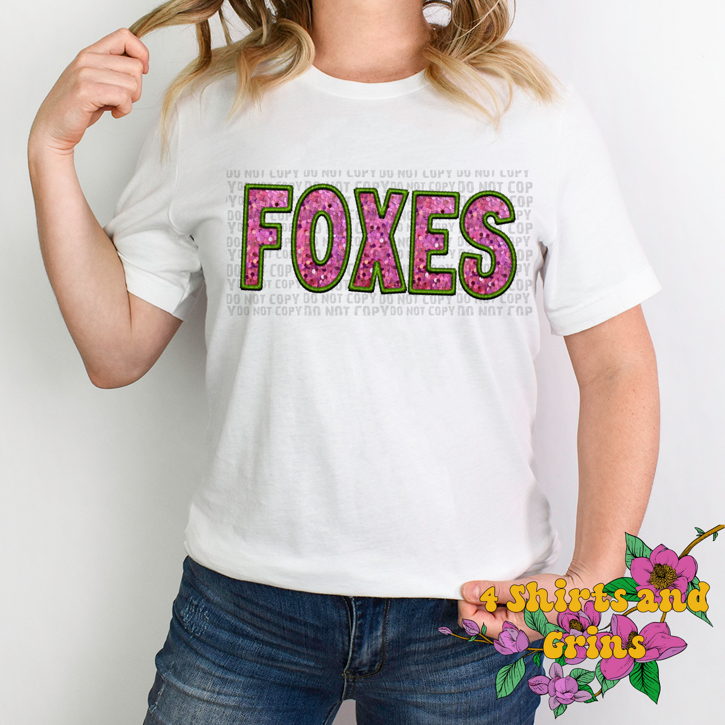 Faux Embroidery Sequins Pink and Green Foxes