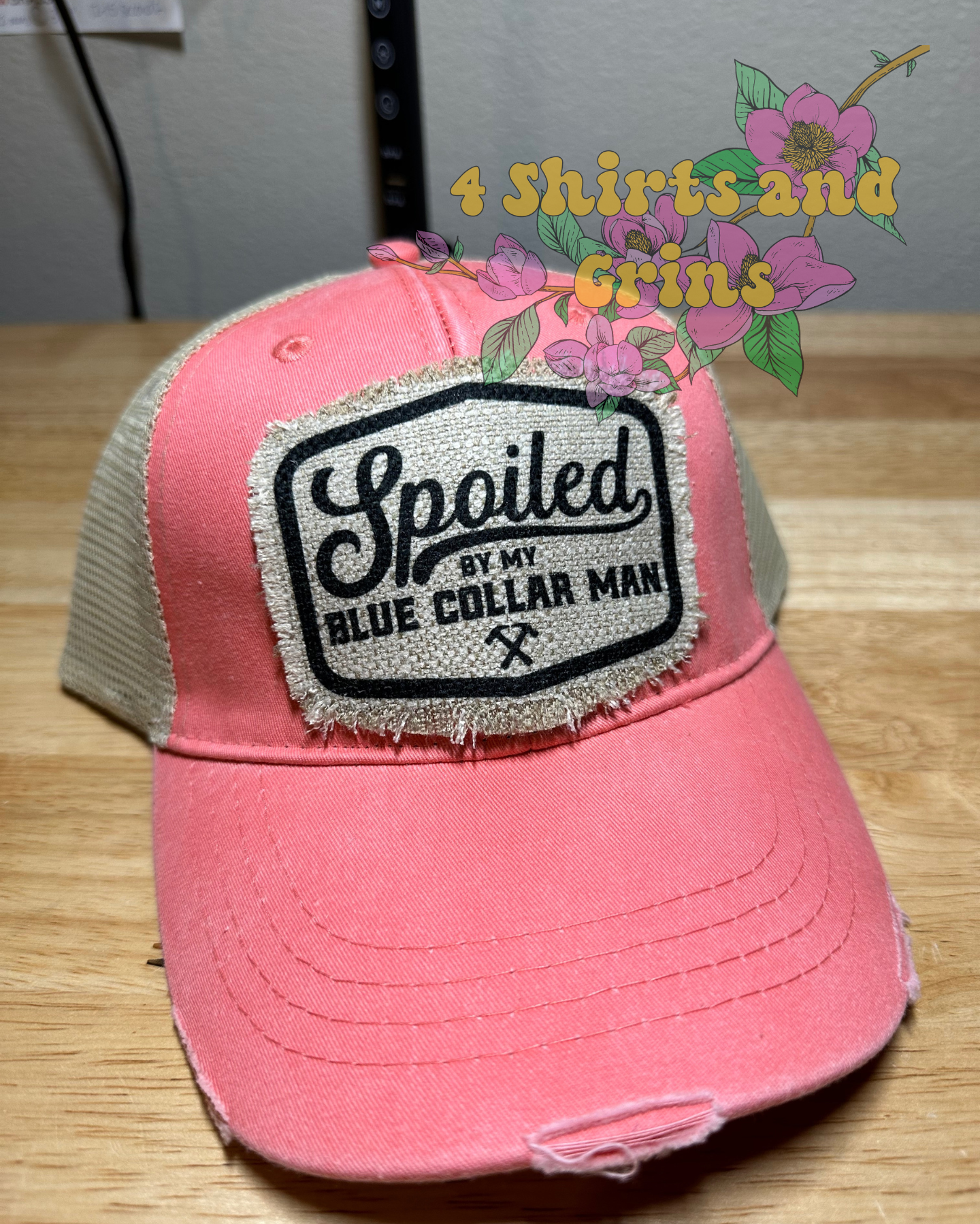 Spoiled By My Blue Collar Man Distressed Trucker Hat